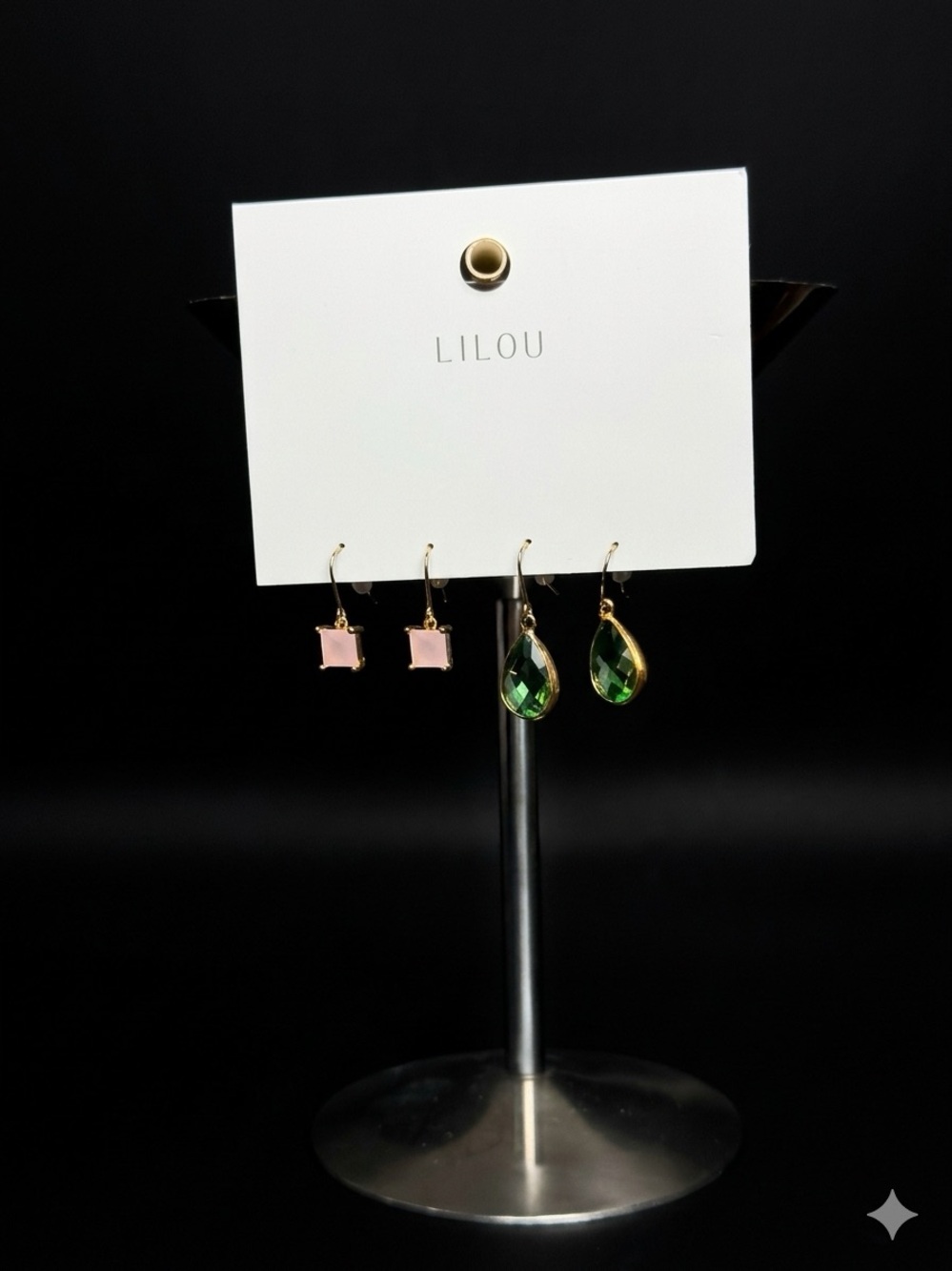 Lilou Gold-Tone Earrings Set with Pink and Green Stones (2 pairs)